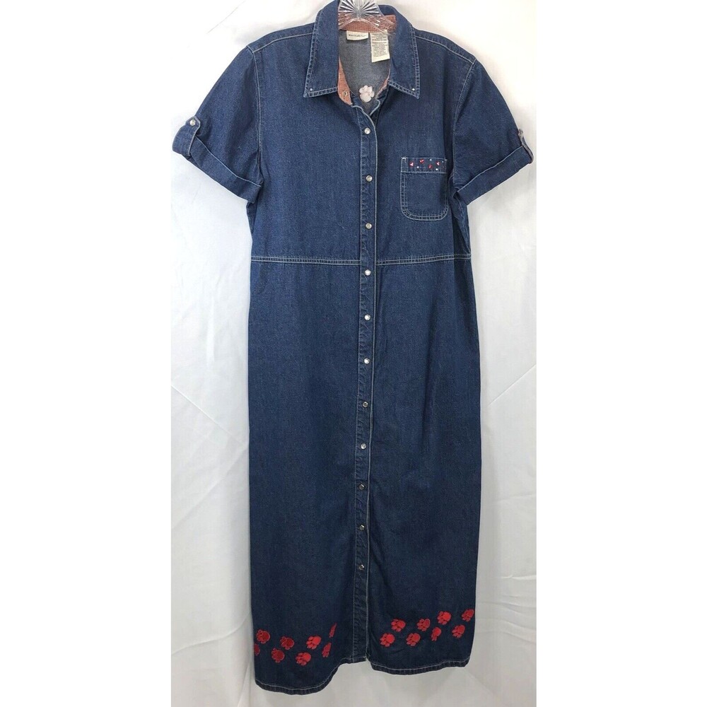 Vintage Maxi Denim Dress L Blue Jean Beads Dog Mom Puppy Paws Embroidered SnapUp